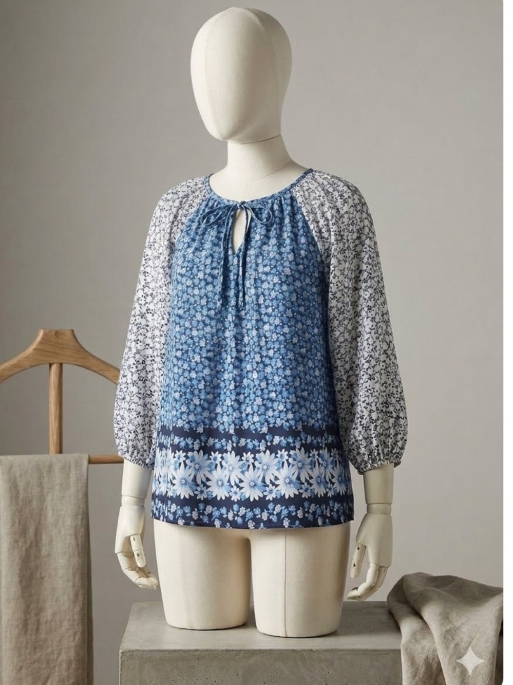 Anthropologie Edme & Esyllte Blue Floral Silk Blend Peasant Top Size 2
